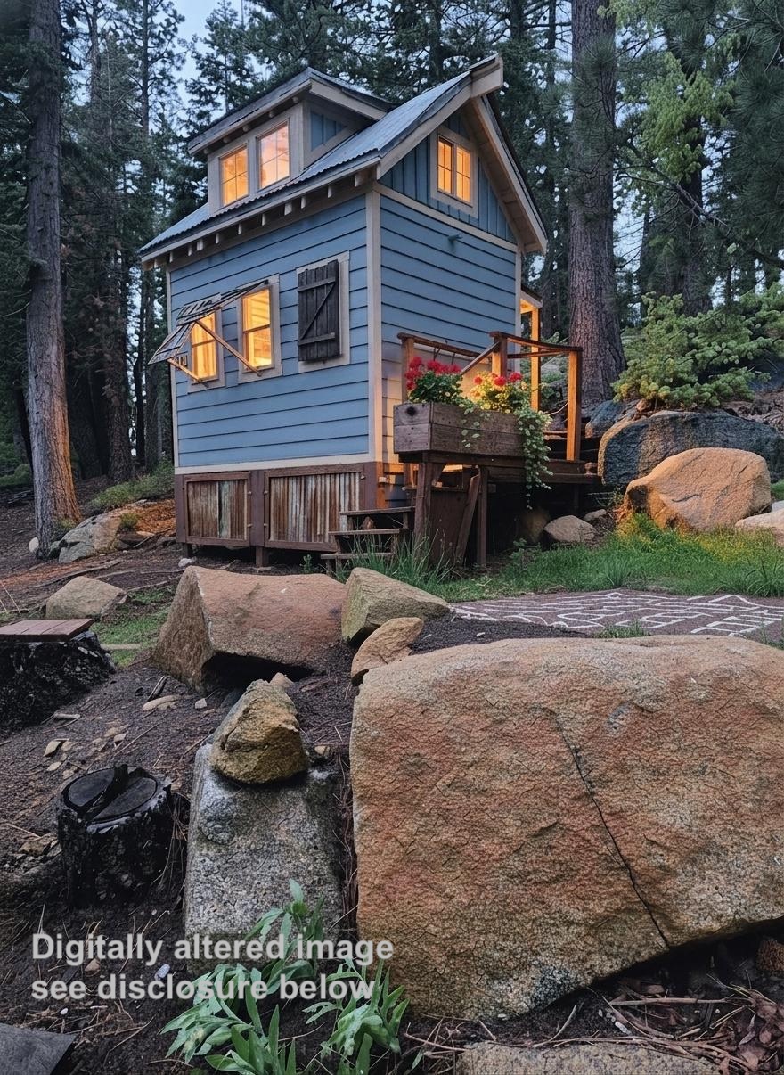 Digitally altered marketing image of the off-grid mountain cabin at 467 Skyline Dr near Arnold and Bear Valley